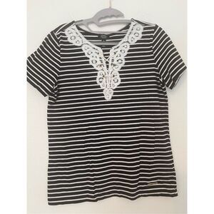 Jones New York Black and White Striped Lace Neck Blouse